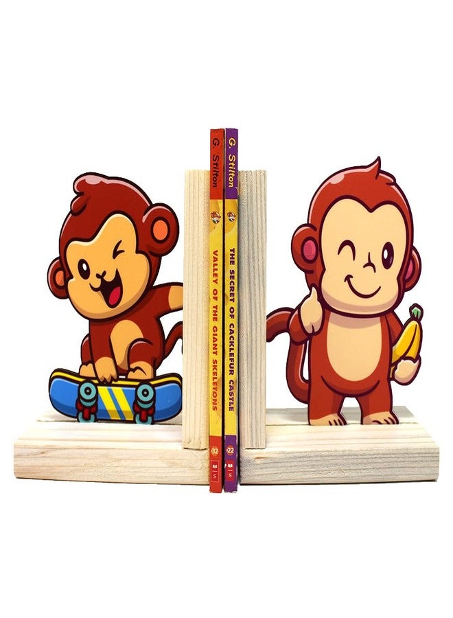 The Rosette Imprint Wooden Bookend for Kids Girls & Boys | Adjustable Book Stopper & Book Holder Stand | Bookends for Study Table, Shelf & Home Decor | Safe & Durable | Monkey Design - Image 2